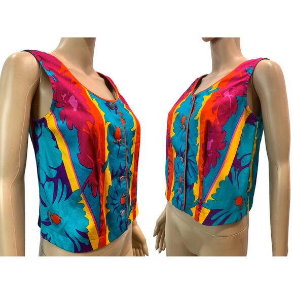 Vintage 80s Bright Floral Crop Top – Button Front Sleeveless Hawaiian Shirt - Picture 3 of 7